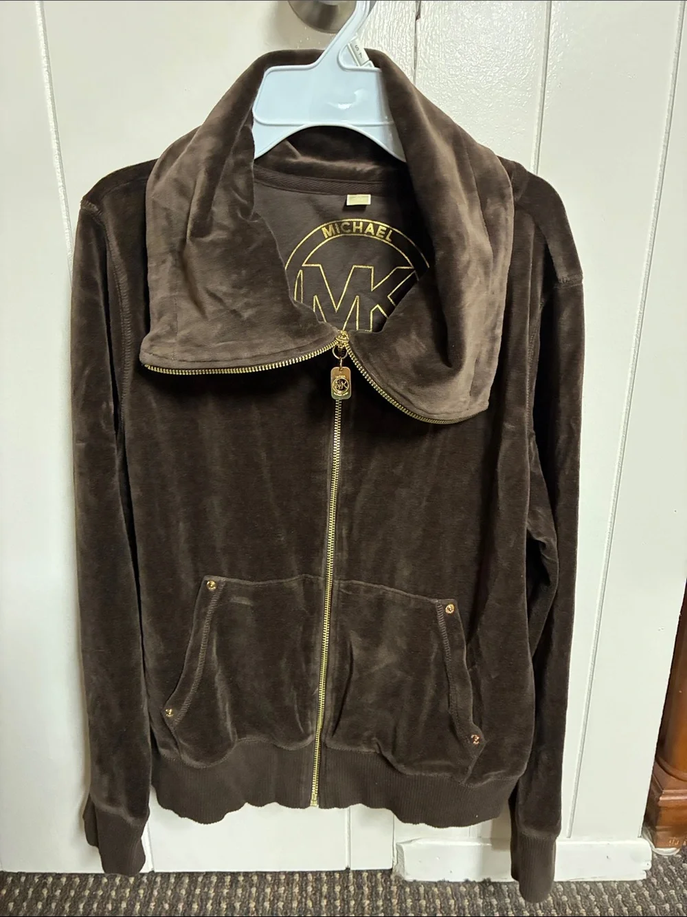 Michael Kors Brown Velour Zip-Up Bomber Jacket with Gold Hardware